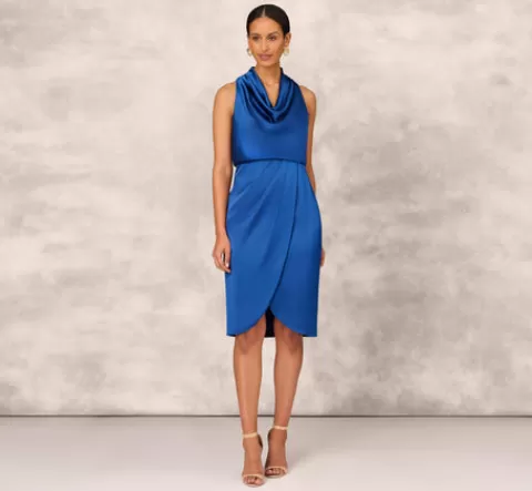 Adrianna Papell Cowl Neck Cocktail Dress With Front Draped Skirt In Deep Ocean DEEPOCEAN Best Sale