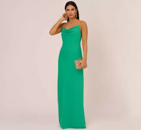 Adrianna Papell Cowl Neck Crepe Column Gown With Pearl Straps In Summer Green SUMMERGREEN New