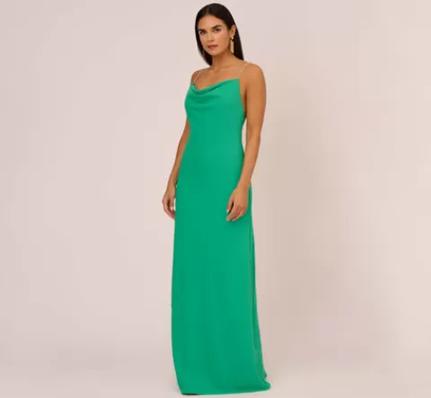 Adrianna Papell Cowl Neck Crepe Column Gown With Pearl Straps In Summer Green SUMMERGREEN New