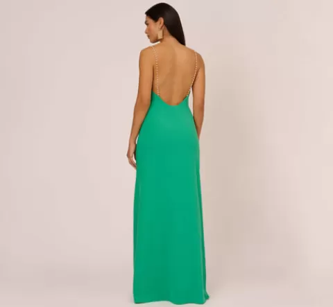 Adrianna Papell Cowl Neck Crepe Column Gown With Pearl Straps In Summer Green SUMMERGREEN New
