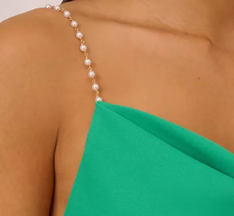 Adrianna Papell Cowl Neck Crepe Column Gown With Pearl Straps In Summer Green SUMMERGREEN New