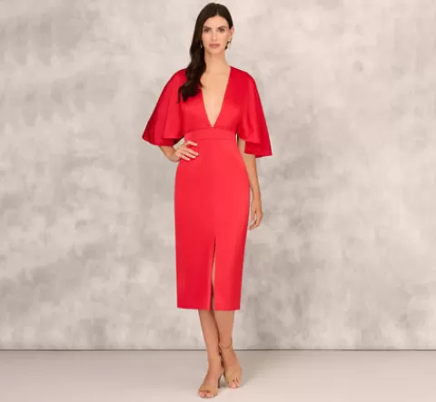 Adrianna Papell Crepe Back Satin Midi Dress With Flutter Sleeves In Chateau Red CHATEAURED Store