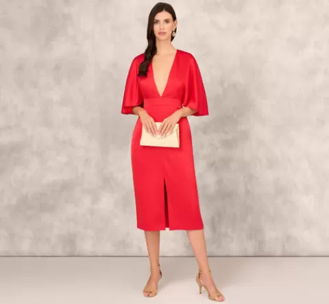 Adrianna Papell Crepe Back Satin Midi Dress With Flutter Sleeves In Chateau Red CHATEAURED Store