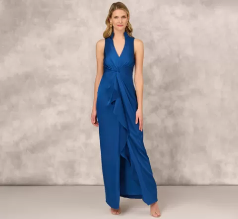 Adrianna Papell Crepe Back Satin Sleeveless Gown With Ruffle Accent In Deep Ocean DEEPOCEAN Flash Sale