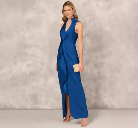 Adrianna Papell Crepe Back Satin Sleeveless Gown With Ruffle Accent In Deep Ocean DEEPOCEAN Flash Sale