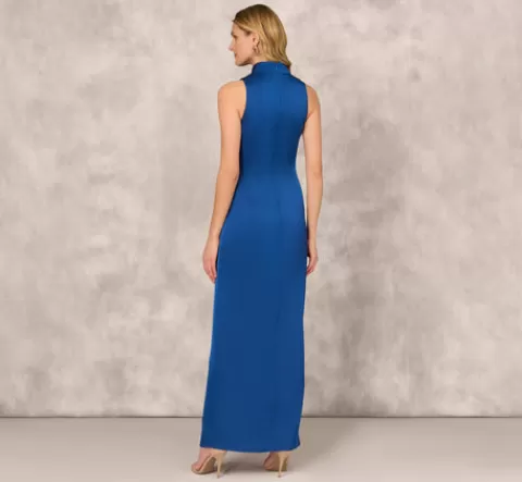 Adrianna Papell Crepe Back Satin Sleeveless Gown With Ruffle Accent In Deep Ocean DEEPOCEAN Flash Sale
