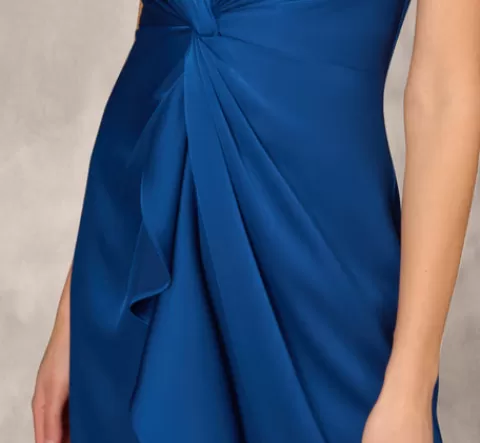 Adrianna Papell Crepe Back Satin Sleeveless Gown With Ruffle Accent In Deep Ocean DEEPOCEAN Flash Sale