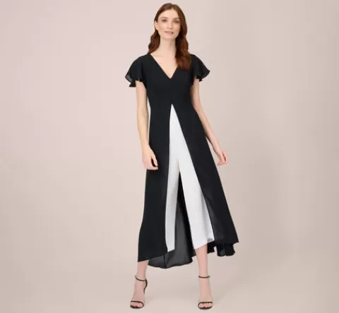 Adrianna Papell Crepe Cropped Jumpsuit With Gauze Overlay In Black Ivory BLACK-IVORY Best Sale