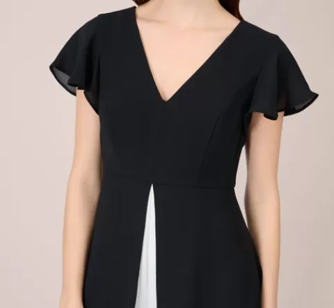 Adrianna Papell Crepe Cropped Jumpsuit With Gauze Overlay In Black Ivory BLACK-IVORY Best Sale
