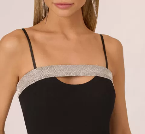 Adrianna Papell Crepe Dress With Spaghetti Straps And Rhinestone Neckline In BLACK Shop