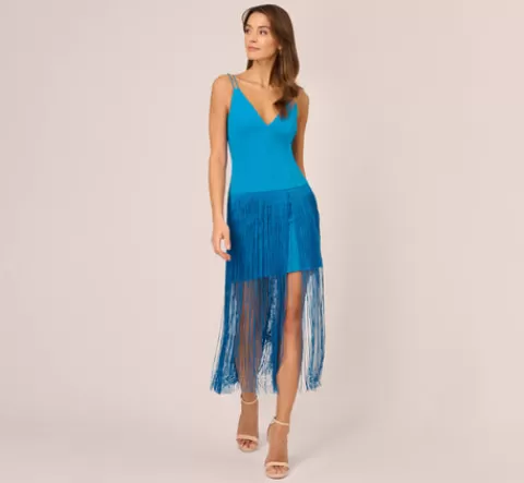 Adrianna Papell Crepe Fringe Dress With Double Spaghetti Straps And V Back In Deep Cerulean DEEPCERULEAN Store