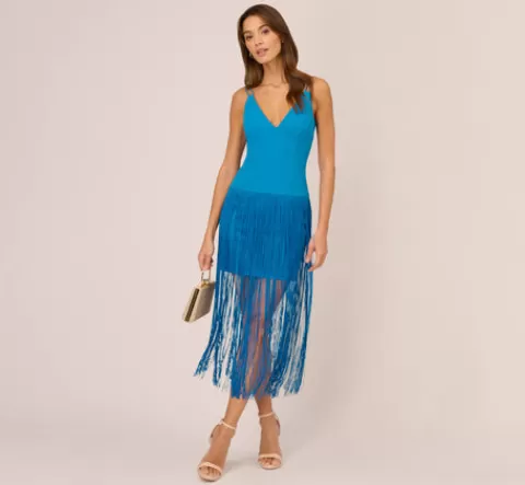 Adrianna Papell Crepe Fringe Dress With Double Spaghetti Straps And V Back In Deep Cerulean DEEPCERULEAN Store