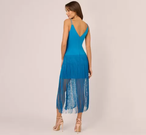 Adrianna Papell Crepe Fringe Dress With Double Spaghetti Straps And V Back In Deep Cerulean DEEPCERULEAN Store