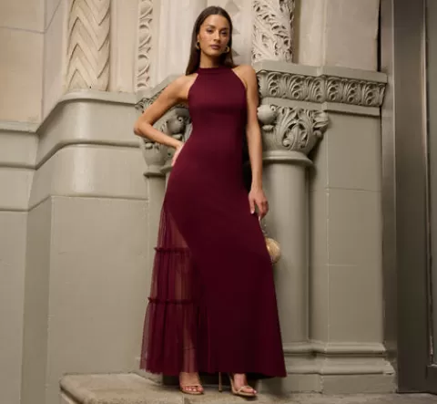 Adrianna Papell Crepe Halter Gown With Sheer Ruffled Mesh Skirt In Blackened Red BLACKENEDRED Cheap