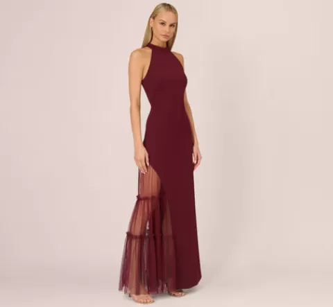 Adrianna Papell Crepe Halter Gown With Sheer Ruffled Mesh Skirt In Blackened Red BLACKENEDRED Cheap