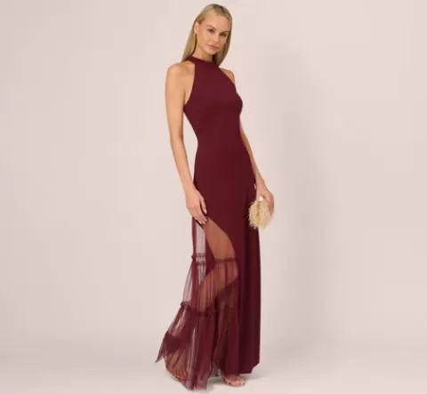 Adrianna Papell Crepe Halter Gown With Sheer Ruffled Mesh Skirt In Blackened Red BLACKENEDRED Cheap