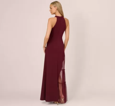 Adrianna Papell Crepe Halter Gown With Sheer Ruffled Mesh Skirt In Blackened Red BLACKENEDRED Cheap