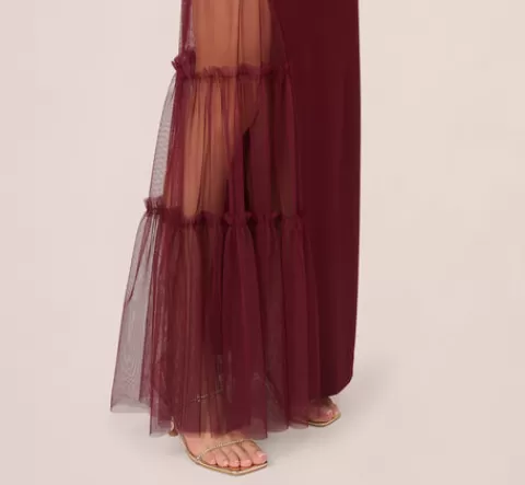 Adrianna Papell Crepe Halter Gown With Sheer Ruffled Mesh Skirt In Blackened Red BLACKENEDRED Cheap