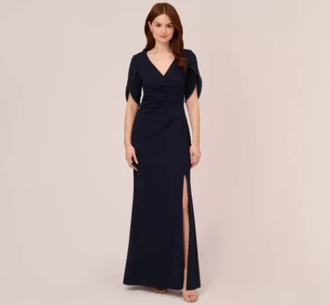 Adrianna Papell Crepe Mermaid Gown With Pearl Trim Short Sleeves In MIDNIGHT Online