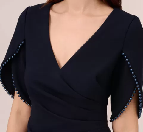 Adrianna Papell Crepe Mermaid Gown With Pearl Trim Short Sleeves In MIDNIGHT Online