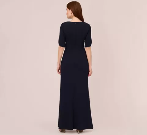 Adrianna Papell Crepe Mermaid Gown With Pearl Trim Short Sleeves In MIDNIGHT Online