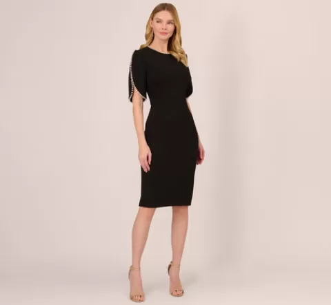Adrianna Papell Crepe Midi Length Sheath Dress With Pearl Trimmed Sleeves In BLACK Discount