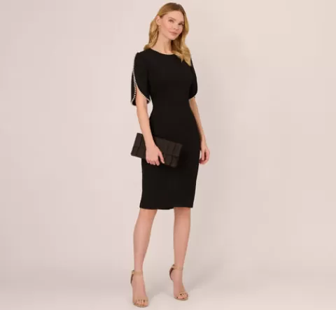 Adrianna Papell Crepe Midi Length Sheath Dress With Pearl Trimmed Sleeves In BLACK Discount