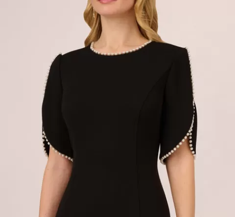Adrianna Papell Crepe Midi Length Sheath Dress With Pearl Trimmed Sleeves In BLACK Discount