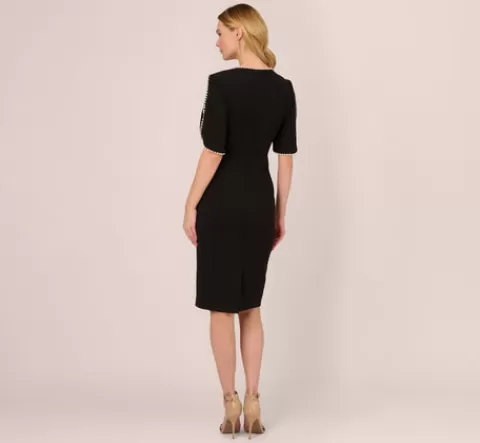 Adrianna Papell Crepe Midi Length Sheath Dress With Pearl Trimmed Sleeves In BLACK Discount