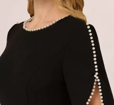 Adrianna Papell Crepe Midi Length Sheath Dress With Pearl Trimmed Sleeves In BLACK Discount