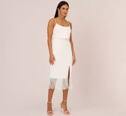 Adrianna Papell Crepe Popover Midi Dress With Fringe Trim In IVORY Outlet