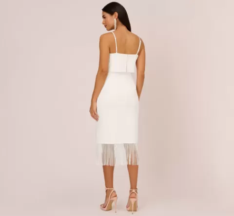 Adrianna Papell Crepe Popover Midi Dress With Fringe Trim In IVORY Outlet
