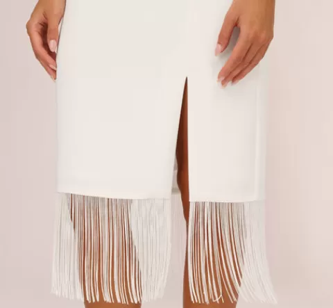 Adrianna Papell Crepe Popover Midi Dress With Fringe Trim In IVORY Outlet