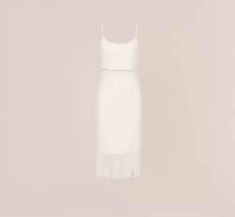 Adrianna Papell Crepe Popover Midi Dress With Fringe Trim In IVORY Outlet