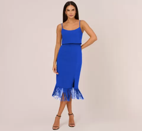 Adrianna Papell Crepe Popover Midi Dress With Fringe Trim In Royal Sapphire ROYALSAPPHIRE Flash Sale