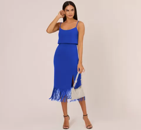 Adrianna Papell Crepe Popover Midi Dress With Fringe Trim In Royal Sapphire ROYALSAPPHIRE Flash Sale