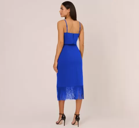 Adrianna Papell Crepe Popover Midi Dress With Fringe Trim In Royal Sapphire ROYALSAPPHIRE Flash Sale