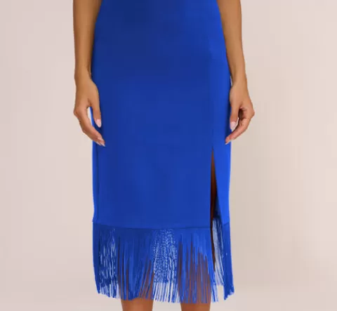 Adrianna Papell Crepe Popover Midi Dress With Fringe Trim In Royal Sapphire ROYALSAPPHIRE Flash Sale