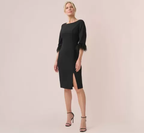 Adrianna Papell Crepe Sheath Dress With V-Back And Feather-Trim Sleeves In BLACK Discount