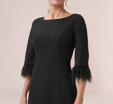 Adrianna Papell Crepe Sheath Dress With V-Back And Feather-Trim Sleeves In BLACK Discount
