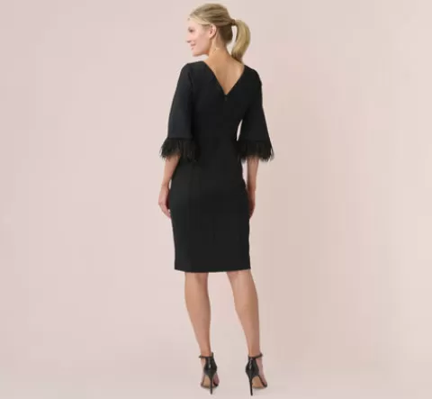 Adrianna Papell Crepe Sheath Dress With V-Back And Feather-Trim Sleeves In BLACK Discount