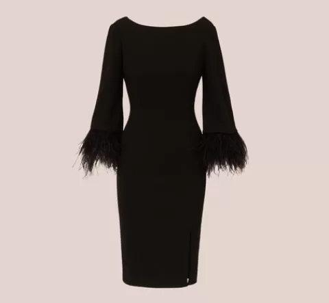 Adrianna Papell Crepe Sheath Dress With V-Back And Feather-Trim Sleeves In BLACK Discount