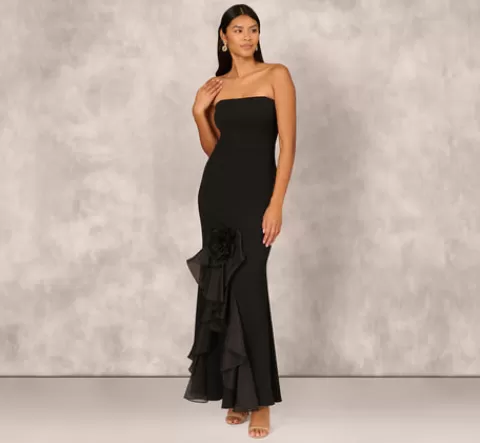 Adrianna Papell Crepe Strapless Mermaid Gown With Organza Ruffle Skirt In BLACK Hot