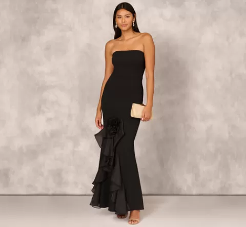 Adrianna Papell Crepe Strapless Mermaid Gown With Organza Ruffle Skirt In BLACK Hot