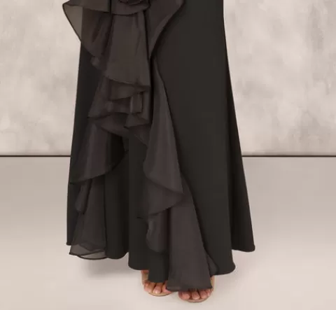 Adrianna Papell Crepe Strapless Mermaid Gown With Organza Ruffle Skirt In BLACK Hot