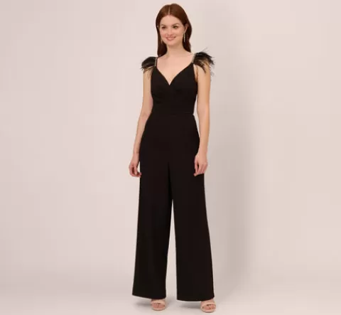 Adrianna Papell Crepe Wide Leg Jumpsuit With Bead And Feather Accents In BLACK Fashion