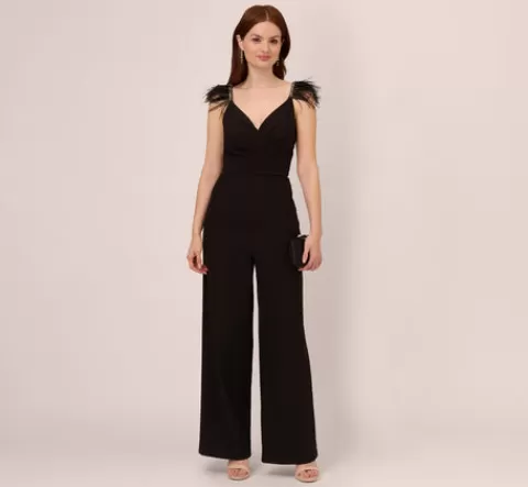Adrianna Papell Crepe Wide Leg Jumpsuit With Bead And Feather Accents In BLACK Fashion
