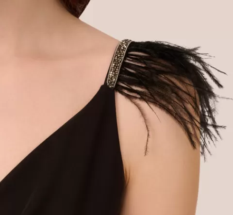 Adrianna Papell Crepe Wide Leg Jumpsuit With Bead And Feather Accents In BLACK Fashion