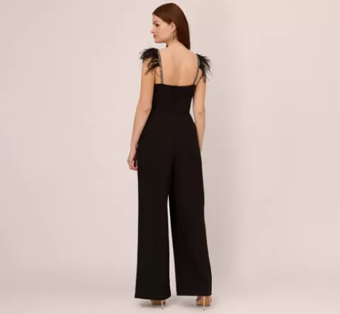 Adrianna Papell Crepe Wide Leg Jumpsuit With Bead And Feather Accents In BLACK Fashion