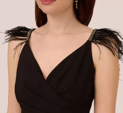 Adrianna Papell Crepe Wide Leg Jumpsuit With Bead And Feather Accents In BLACK Fashion
